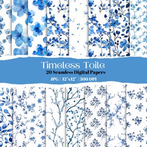 Blue & White Toile Seamless Digital Paper Pack, French Toile de Jouy Floral Prints, 20 Wildflower Patterns For Scrapbooking, Crafts