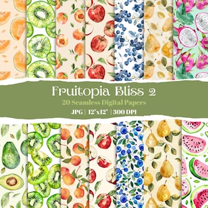 Aquarell Obst Digitales Papier, nahtlose tropische Muster mit exotischen Früchten, Kiwi, Drachenfrucht, Avocado, perfekt für Kunsthandwerk, Scrapbooking
