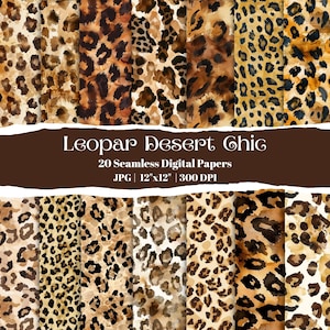 Puede incluir: Una colección de 20 papeles digitales sin costuras con diseños de estampado de leopardo en varios tonos de marrón, beige y negro. Los papeles miden 30,48 cm x 30,48 cm y tienen 300 DPI. Se muestra el texto "Leopar Desert Chic".