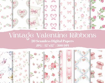 Vintage Pink Valentine’s Day Digital Paper Pack, Romantic Bows & Hearts Seamless Patterns, Shabby Chic Love Backgrounds, Wrapping Paper Set