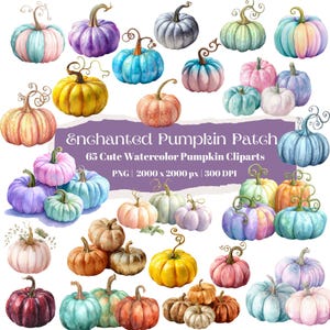 May include: A collection of watercolor pumpkin cliparts in various colors, including blue, pink, yellow, and orange. The pumpkins have detailed stems and are arranged in a visually appealing composition. The text "Enchanted Pumpkin Patch" is visible.