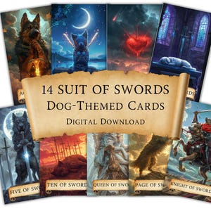Cartas digitales del Tarot del Palo de Espadas para Perros, 14 ilustraciones imprimibles de Tarot con temática canina, decoración de brujas para amantes de las mascotas, idea única de regalo de adivinación