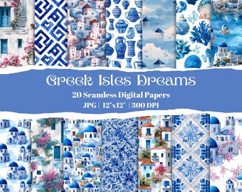 Greek Isles Dreams, 20 Seamless Digital Papers, Blue & White Greek Patterns, Mediterranean Summer Backgrounds, Santorini Digital Paper Set