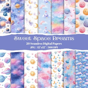 May include: A set of 20 seamless digital papers with a space theme. The designs include planets, rockets, moons, and clouds in watercolour style. Each paper is 30.48cm x 30.48cm and has a 300 DPI resolution. The text "Sweet Space Dreams" is displayed.