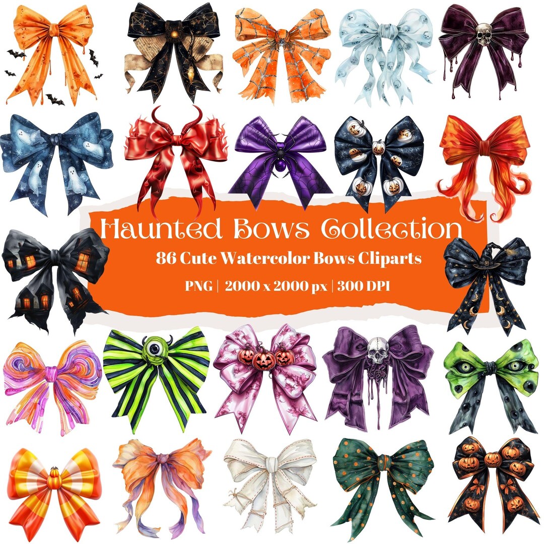 Halloween Coquette Clipart Bundle, 86 Watercolor Bow Pngs, Gothic ...