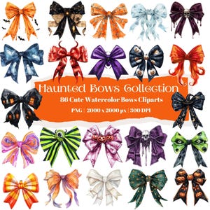 Könnte beinhalten: Eine Sammlung von 20 Aquarell-Schleifen in verschiedenen Farben und Designs, perfekt für Halloween. Die Schleifen zeigen gruselige Themen wie Geister, Kürbisse und Spukhäuser. Der Text "Haunted Bows Collection" wird angezeigt.