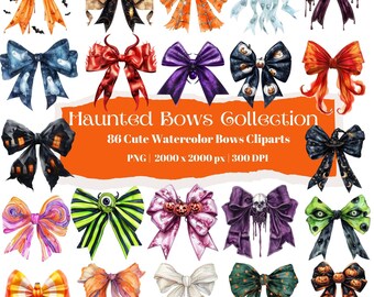 Pacote de clipart de coquete de Halloween, 86 PNGs de laços em aquarela, fitas digitais góticas assustadoras, fitas de bruxa, 2000x2000 px, 300 DPI
