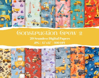 Construction Truck Digital Paper: Watercolor Digger Patterns (Digital Download)