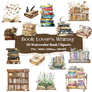 Watercolor Book Clipart With Wildflowers, Floral Book Stack PNG, Vintage Reading Clip Art, Book Lover Aesthetic, Library Illustration