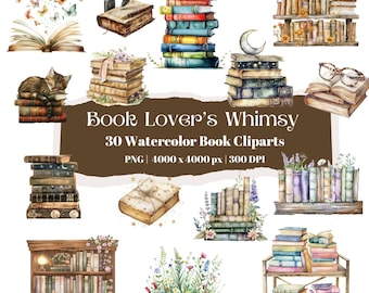 Watercolor Book Clipart: Floral Book Stack PNG (30 Illustrations)
