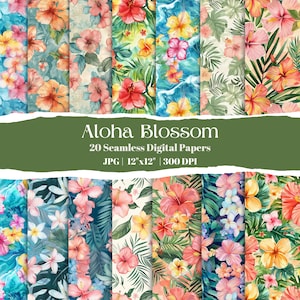 Digitales nahtloses Papier mit Hawaii-Blumen, Hibiskus, Hibiskus, Wasserfarben, zum ausdrucken, sofort herunterladen