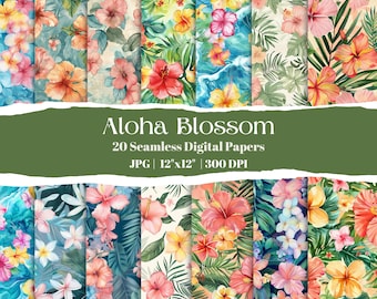 Watercolor Tropical Floral Digital Seamless Paper, Hawaiian Flowers Pattern, Hibiscus Digital Background, Summer Printable, Instant Download