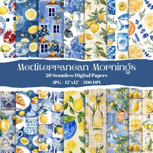 Papel digital de limón mediterráneo, fondos sin costuras en azul y amarillo, diseño de cocina cítrica, paquete de papel para álbumes de recortes de verano, JPEG