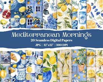 Mediterranean Mornings Digital Paper Bundle, Blue Lemon Seamless Patterns, Watercolor Citrus Scrapbook Backgrounds, Summer Italy Tiles Set