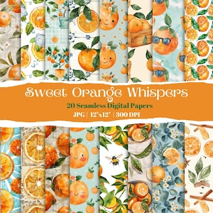 Orange Seamless Digital Paper, Citrus Watercolor Backgrounds, 20 Orange Pattern Papers, Summer Fruit Digital Paper for Scrapbooking, 12x12