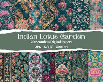 Indian Lotus Digital Paper Bundle, Teal Pink Gold Seamless Patterns, Boho Mandala Floral Paper, Exotic Scrapbook Backgrounds