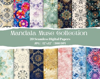 Colección Mandala Muse, 20 papeles digitales de mandalas coloridos, fondos con estampados bohemios, álbum de recortes espiritual JPG, sin costuras, 30 x 30 cm, 300 ppp