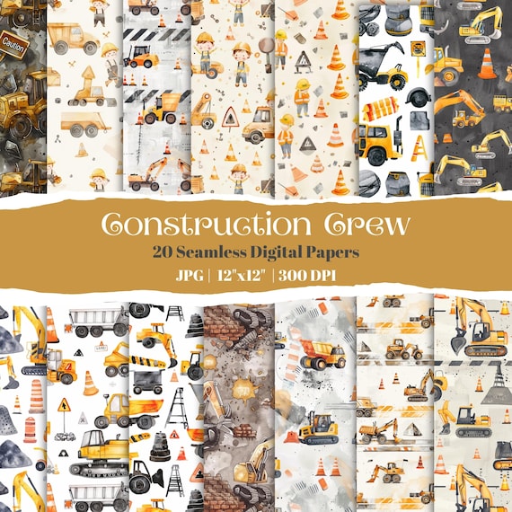 Construction Seamless Pattern Pack, Watercolor Construction Digital Paper, Truck Tumbler Wrap, Kids Construction Paper, Digger Pattern Set