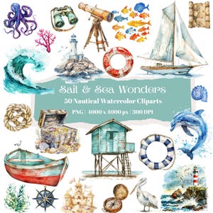 Nautisches Aquarell-Clipart-Set mit Booten Leuchttürmen Ankern Muscheln Delfinen und Meeresleben, Ozean-Strand-Thema PNG-Bundle für das Sommerhandwerk