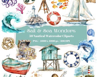 Nautical Watercolor Clipart Set: Ocean Sea Life PNG Bundle