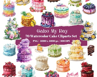 Watercolor Cake Clipart Bundle: 70 Dessert PNGs (Digital Download)