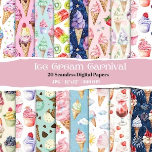 Ice Cream Digital Paper Pack, 20 Seamless Watercolor Summer Ice Cream Cone Patterns, Scrapbooking Sublimation, National Ice Cream Day Crafts
