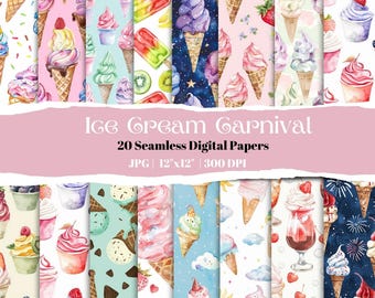 Digitaal papier aquarelijs, naadloze patronen, pastelkleurige dessertachtergronden, zomers plakboek, inpakpapier