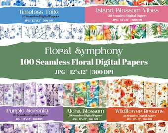 100 Watercolor Floral Digital Papers: Seamless Flower Backgrounds (Digital Download)