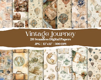 Vintage Travel Watercolor Digital Paper, Retro Adventure Seamless Backgrounds, 20 JPG Scrapbook Paper, Antique Map, Compass, Suitcase Design