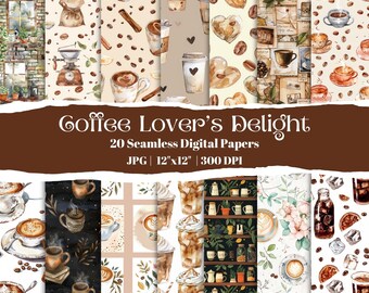 Coffee Seamless Digital Paper Bundle, Cafe Style Backgrounds, Latte & Coffee Bean Patterns for Scrapbooking, Kitchen Decor Wrapping Papers