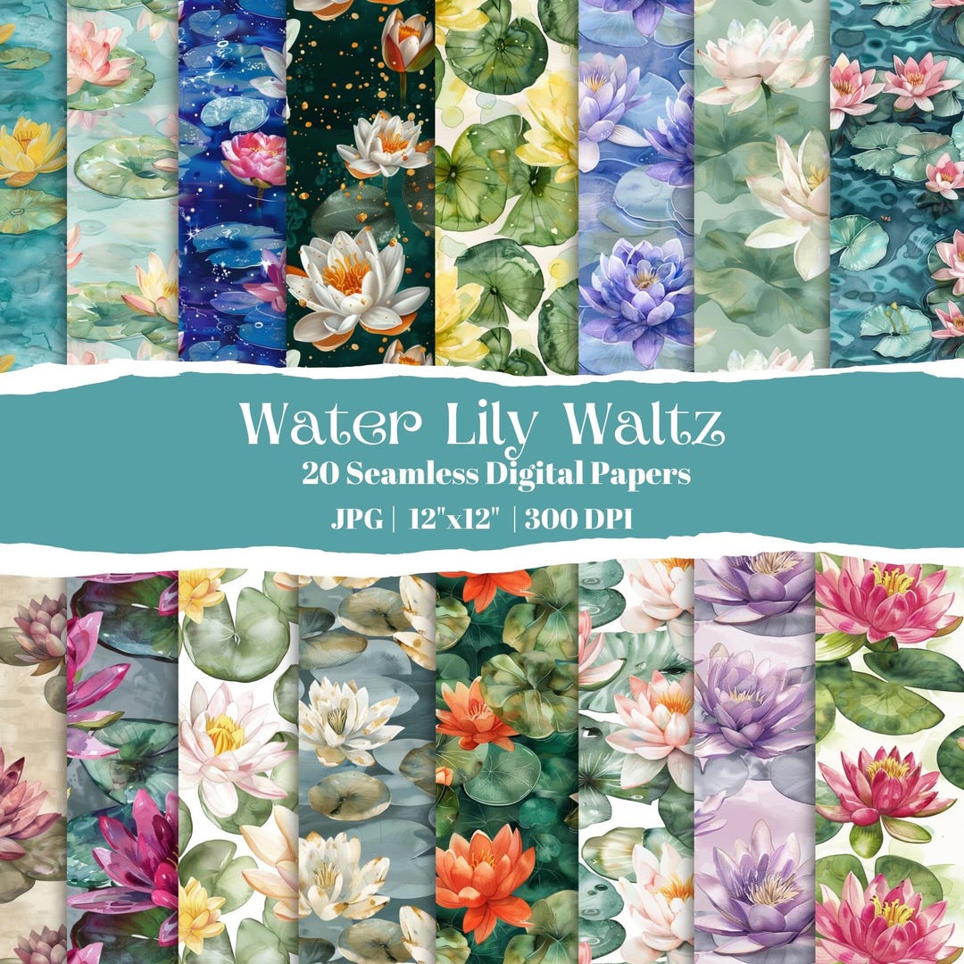 Water Lily Digital Paper Set, Seamless Floral Backgrounds for ...