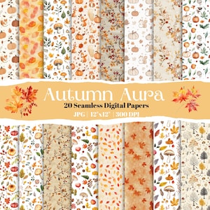 20 foglie autunnali e zucche, carta digitale, motivi autunnali senza soluzione di continuità, sfondi rustici vintage per scrapbooking e diario