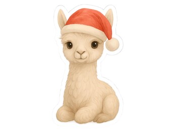 Baby Llama Christmas Sticker - Cute Santa Hat Baby Animal - Watercolor Holiday Sticker - Vinyl Die Cut Decal
