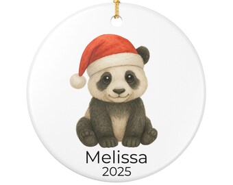 Baby Panda Christmas Ornament - Cute Watercolor Panda in Santa Hat - Personalized Name & Year Keepsake - Holiday Gift for Kids