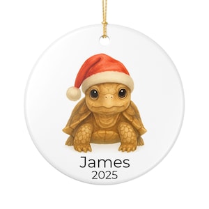 May include: A round, white ceramic ornament featuring a cartoon turtle wearing a red Santa hat with a white pom-pom. The turtle is tan with large, dark eyes. The name "James" and the year "2025" are printed in black below the turtle. A gold string is attached for hanging.