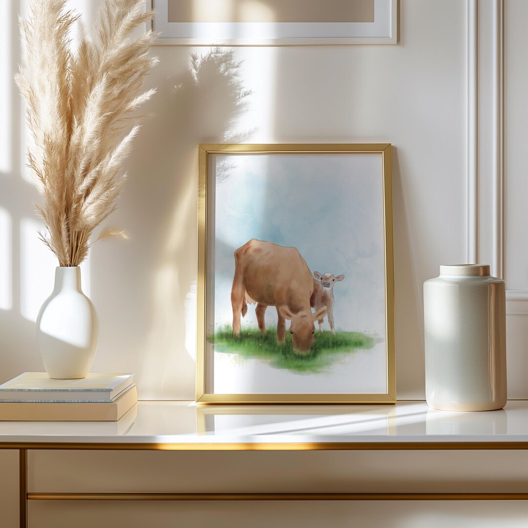 Cow Art | Jersey Cow | Watercolor Cow | Rustic Cow Decor | Cow and Calf Art | Watercolor Art ...