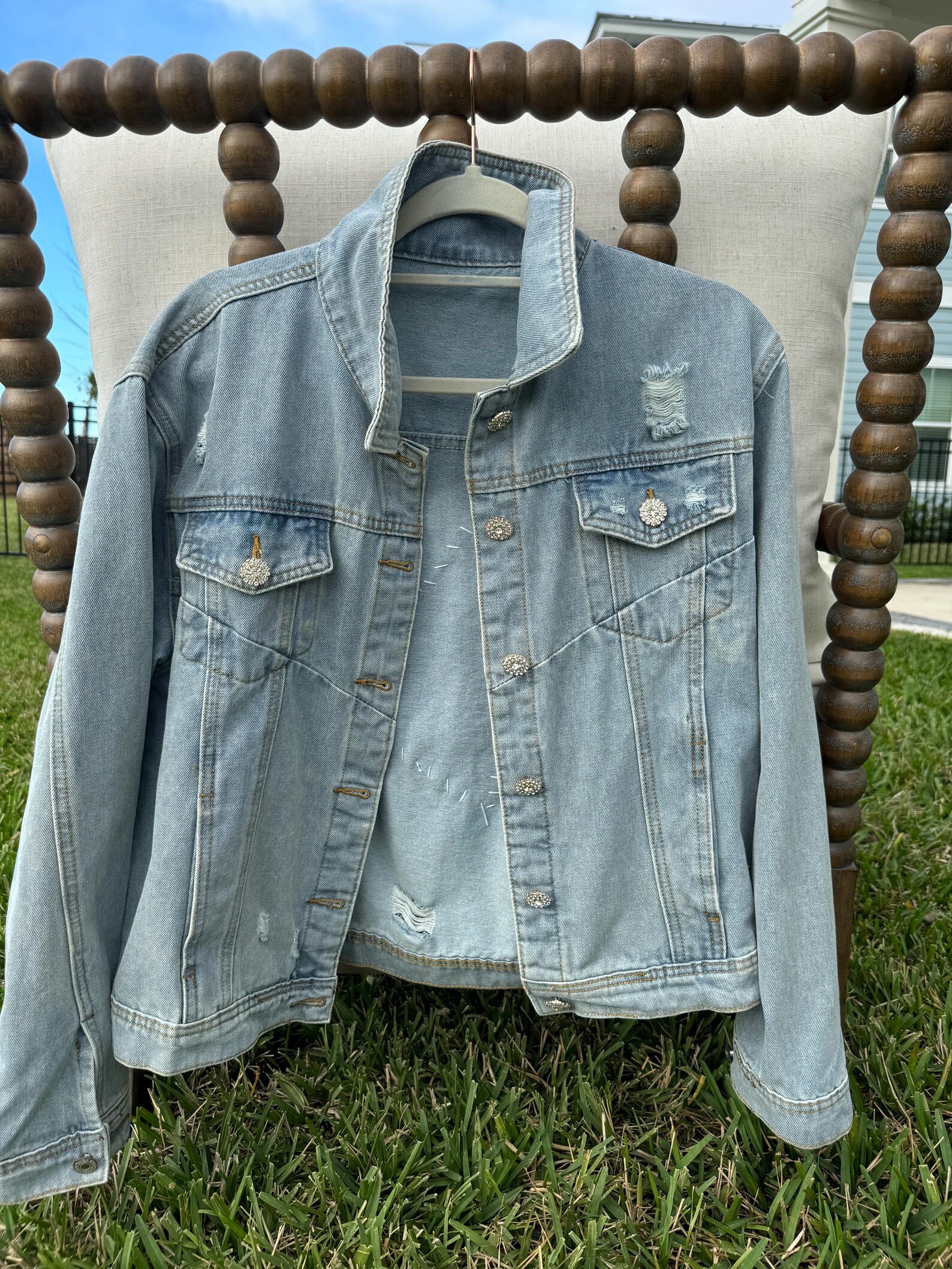 Distressed Drawstring Button Up Hooded Denim Jacket main image 0