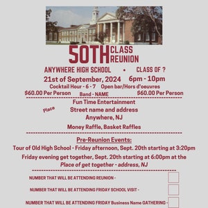 May include: A flyer for a 50th class reunion at Anywhere High School on September 21, 2024. The flyer includes details about the event, including the time, cost, and pre-reunion events. It also includes a place to RSVP and a contact number for questions.