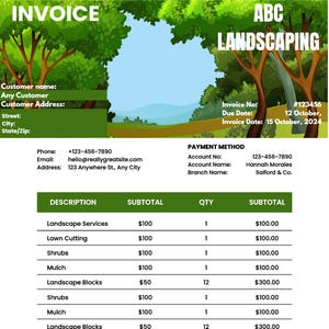 Peut inclure: Facture d'ABC Landscaping pour 750,00 €. La facture liste des services incluant des services d'aménagement paysager, la tonte de pelouse, les arbustes, le paillis et les blocs paysagers. La facture comprend un mode de paiement, des coordonnées et des conditions générales.