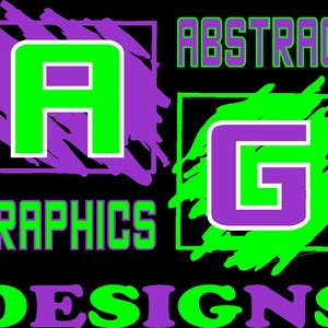 Op de afbeelding: Een grafisch ontwerp met de tekst ABSTRACT GRAPHICS DESIGNS met een grote letter A in limoengroen op een paarse penseelstreekachtergrond en een grote letter G in paars op een limoengroene penseelstreekachtergrond, alles tegen een zwarte achtergrond.