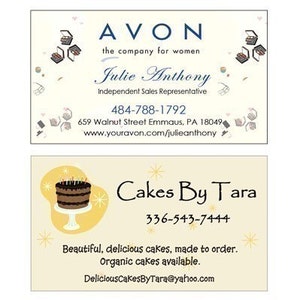 May include: Two business cards. The top card is for an Avon representative named Julie Anthony. The bottom card is for a bakery called Cakes By Tara. The bakery card has a picture of a chocolate cake with candles.
