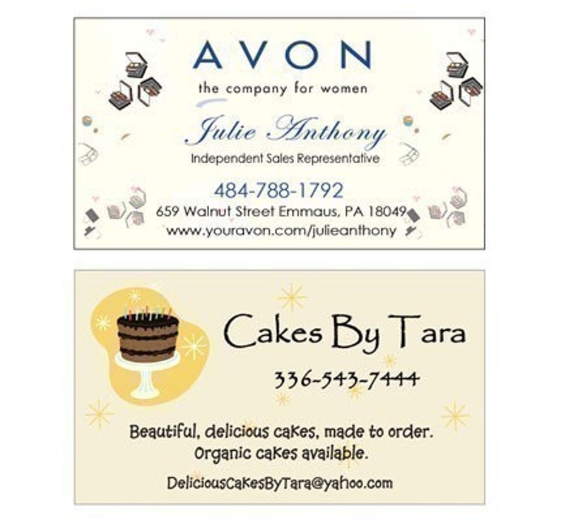 May include: Two business cards. The top card is for an Avon representative named Julie Anthony. The bottom card is for a bakery called Cakes By Tara. The bakery card has a picture of a chocolate cake with candles.
