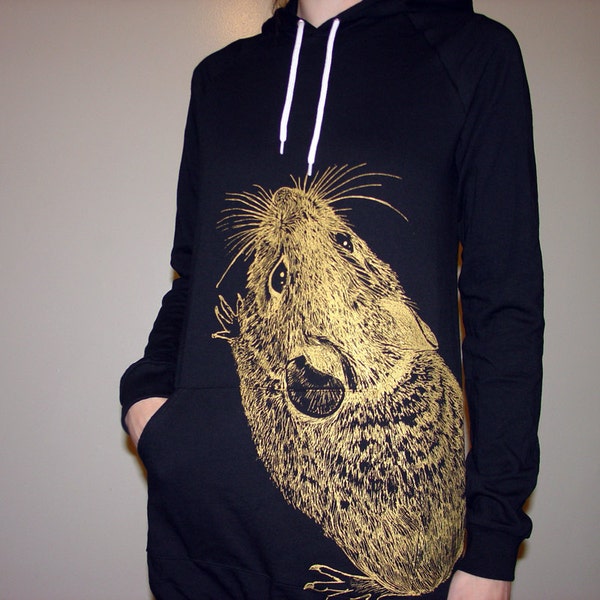 Mouse with tail on the back hoodie dress - eco-friendly gold ink screenprint on black cotton fleece -  OS/Medium