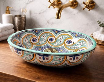 Colorful Moroccan Vessel Sink, Hand Painted Ceramic Bathroom Basin, Boho Vanity Sink, Mediterranean Wash Bowl, Decorative Bathroom Decor