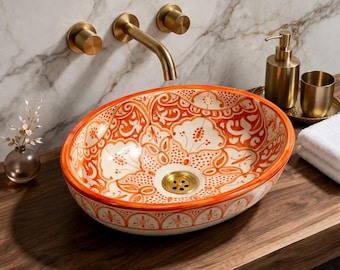 Lavabo de cerámica naranja con diseño floral, lavabo de baño pintado a mano, lavabo marroquí, lavabo bohemio, decoración de baño mediterránea, lavabo ovalado