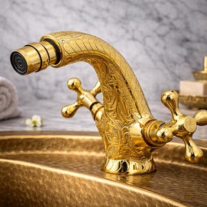 Engraved Brass Bathroom Faucet | Antique Gold Vanity Tap | Luxury Vintage Sink Faucet | Ornate Gold Bathroom Fixture