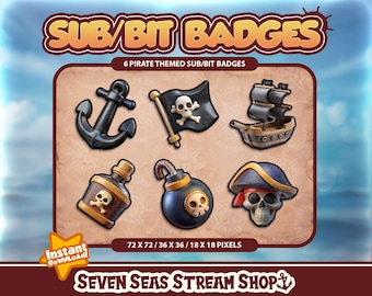 Pirate-themed 6 BADGE PACK // Rum, Spyglass, Ship Wheel, Doubloon, Compass, Treasure Chest // Instant Download // Twitch Sub/Bit Badges