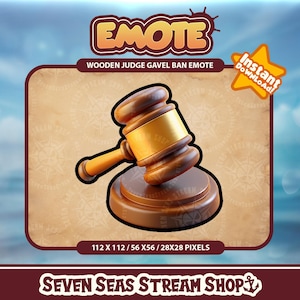 May include: A wooden judge's gavel with a gold-colored top, used as a ban emote for streaming. The gavel is on a brown base with a textured surface. The image is 112 x 112 pixels, 56 x 56 pixels, and 28 x 28 pixels.