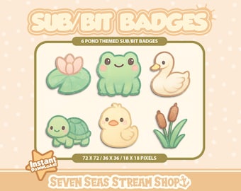 Pond-themed 6 BADGE PACK // Cozy Aquatic Animal Stream Icons // Cute Bit Badge Set for Streamers (Digital Download) // Twitch Sub/Bit Badges