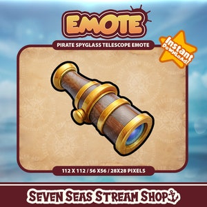 May include: A cartoon pirate spyglass telescope emote with a wooden body and gold accents. The emote is available in four sizes: 112 x 112, 56 x 56, and 28 x 28 pixels. The text "Instant Download!" is in a yellow star shape.